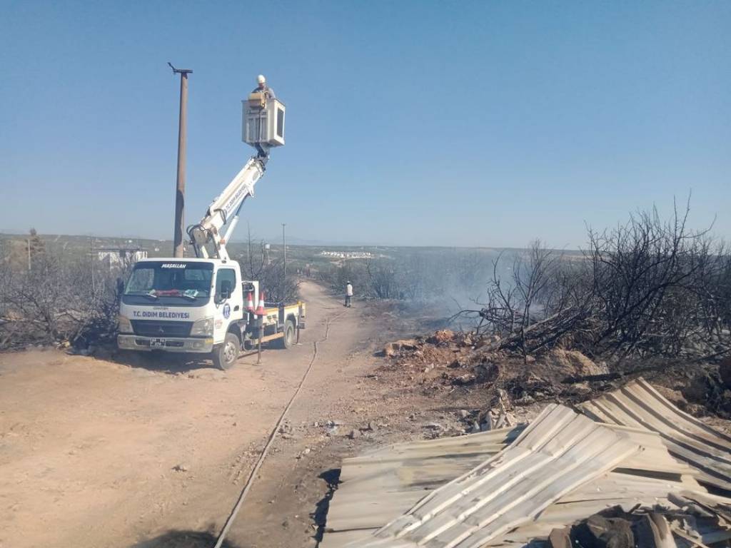 Didim Belediyesi Yangın Sonrası Elektrik Hattı Yenileme Çalışmalarına Destek Veriyor