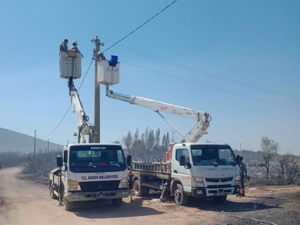 Didim Belediyesi Yangın Sonrası Elektrik Hattı Yenileme Çalışmalarına Destek Veriyor