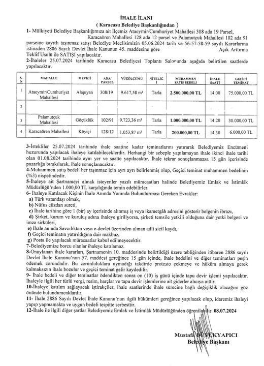 Karacasu Belediyesi'nden Taşınmaz Satışı İhalesi Duyurusu